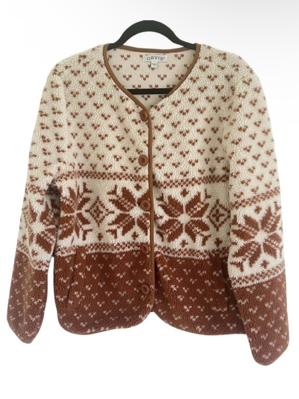 Orvis Beige Tan Fair Isle Collarless Fleece Jacket Large